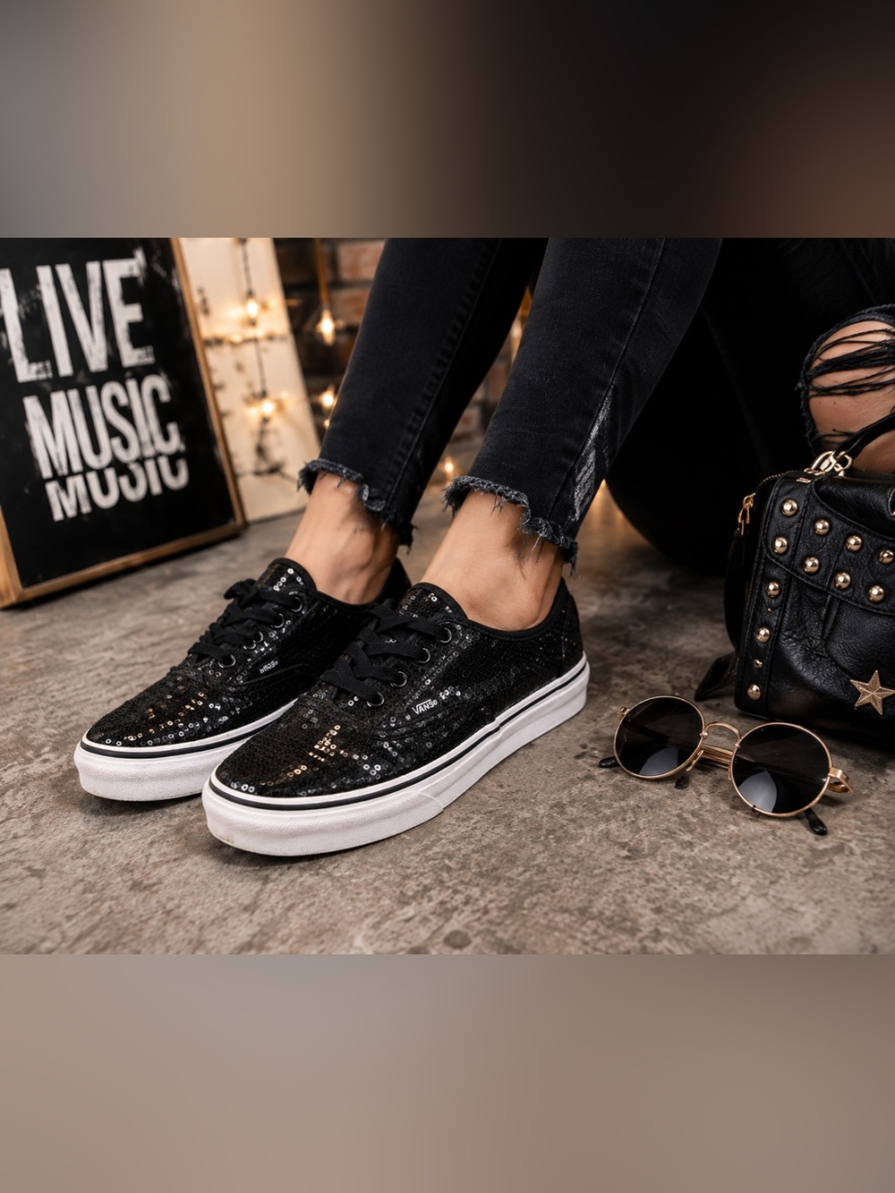 Vans Authentic Black Sequin Sneakers Women’s 6 Men’s 4.5 Lace Up Shoes